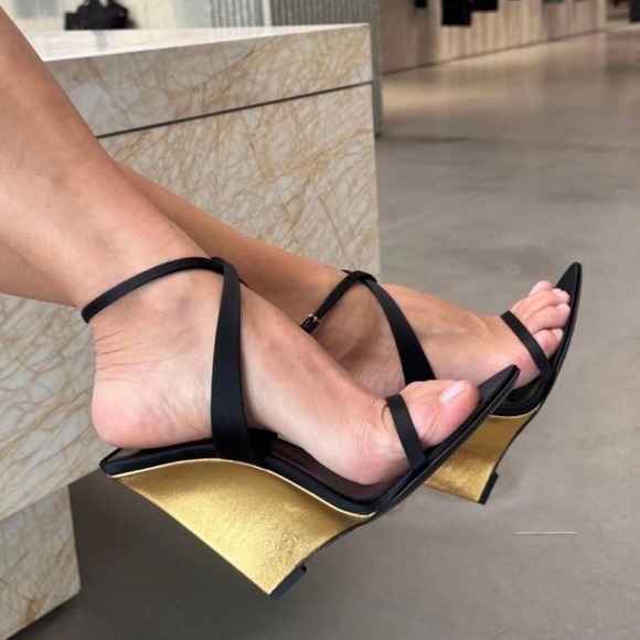Saint Laurent Shoes - Saint Laurent Salome 110 Silk Satin Metallic Leather Wedge Sandal Heels Black